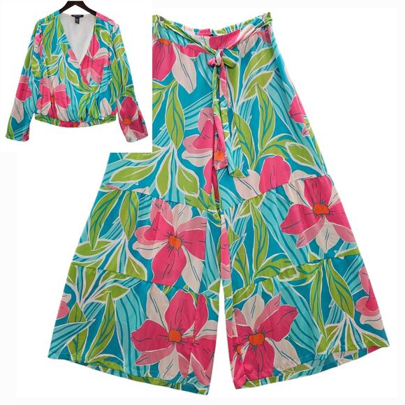 Ashely Stewart Pant Set Womens 18 20 Floral Wide Leg Blue Pink High Rise - Picture 1 of 16